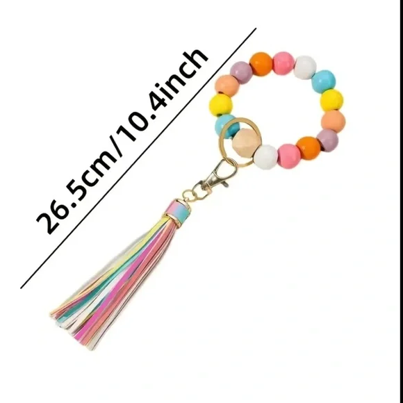 Peach, White, and Purple Wooden Beaded Keychain with White Tassel NEW - Picture 3 of 3